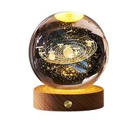 Haofy 3D Crystal Ball Night Light Rechargeable Battery Soft Light Multifunction Crystal Ball Lamp with Wooden Base for Home Bedroom (Solar System)