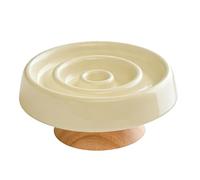 Haofy Elevated Cat Slow Feeder Bowl Ceramic Non Slip Raised Pet Bowl with Wooden Base Promotes Slower Eating for Indoor Cats Kittens Seniors Multi Households Home Use (Light Beige)