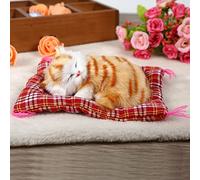 Haofy Plush Cat Stuffed Animal with Meowing Sound, 17x14cm Soft Kitten Toy, Mini Sleeping Design, for Kids Room Decor and Play (Yellow stamp will call)