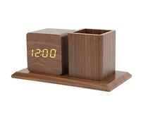 Haofy Wooden Multi-Functional Desktop Clock Pen Holder with LED Digital Display Temperature Alarm Calendar - 3-Level Organizer for Office Desk, Home Workspace, Business (Brown Wood Red Light)