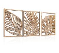 Haohai 3PCS Tropical Wall Art, Wall Art Decor Leaf Sign Wall Vintage Tropical Plant Wall Rustic Palm Leaf, Modern Wooden Wall Sculptures for for Living room, Bedroom, Office (Khaki)