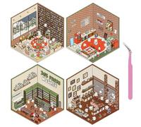 HaoHanEup 4 Sets 3D House Stickers,DIY Stickers Scene with Tweezers,Funny Bookstore Coffee House Sticker for Relief Stress, Restaurant Cartoon Scene Stickers for Making You Own Apartment