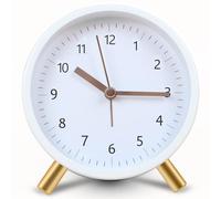 HaoHanEup Analog Alarm Clock, Silent Non Ticking Alarm Clocks with Light, Battery Operated, Classic Simple Round Alarm Clocks Bedside, Fashionable Metal Alarm Clock for Bedroom, 10cm (White)
