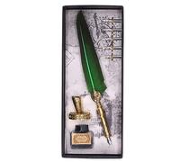 HAOHIZE Quill Pen and Ink Set, Feathers Vintage Elegant Stainless Steel Smoothly Writing Quill Pen with Pen Stand, 5pcs Calligraphy Pen Nibs, Empty Ink Bottle (Green)