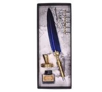 HAOHIZE Quill Pen and Ink Set, Feathers Vintage Elegant Stainless Steel Smoothly Writing Quill Pen with Pen Stand, 5pcs Calligraphy Pen Nibs, Empty Ink Bottle (Blue)