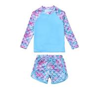 Haokaini Girls Rash Guard Swimsuit Swimming Costume Long Sleeve Swimsuit Mermaid Scale Print Shorts Swim Set 2 Piece 7-8Y Blue