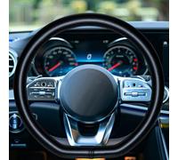 HAOKAY D Shaped Steering Wheel Cover, Black Geniune Leather Flat Bottom Steering Wheel Cover Steering for Women Men Universal 14 1/2-15 in