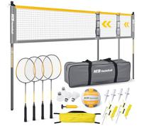 Haokelball Outdoor Volleyball and Badminton Combo Set with Net Width and Height Adjustable Volleyball Badminton Net for Backyard, 4 Rackets, 4 Shuttlecocks, Boundary, Volleyball, Pump and Carry Bag