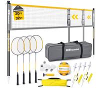 Haokelball Outdoor Volleyball and Badminton Combo Set with Net Width and Height Adjustable Volleyball Badminton Net for Backyard, 4 Rackets, 4 Shuttlecocks, Boundary, Volleyball, Pump and Carry Bag