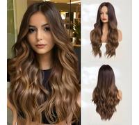 Haoland Long Ombre Wig for Women Wavy 26 Inch Medium Curly Charming Synthetic Wig with Natural Wavy Brown Hair Heat Resistant for Wedding