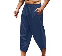 HAOLEI 3/4 Length Shorts Men Elasticated Waist Summer Beach Linen Trousers UK Sale Clearance Casual Capri Pants Solid Colors Cropped Trousers Casual Wide Leg Loose Baggy Harem Pants with Pockets Navy