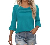 HAOLEI 3/4 Length Sleeve Shirts for Women Pleated Summer Tunic Tops 2025 Ruffle Bell Sleeve Fasion Trendy Spring Blouses Curved Hem Vacation Outfits Ladies Tops UK Sale Clearance
