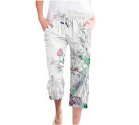 HAOLEI 3/4 Length Trousers for Women UK Petite Ethnic Print Boho Wide Leg Cotton Linen Capri Pants Stretchy Elasticated Waist Summer Cropped Trousers Holiday Ladies Beach Pants with Pockets