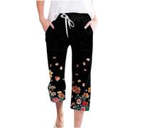 HAOLEI 3/4 Length Trousers for Women UK Petite Ethnic Print Boho Wide Leg Cotton Linen Capri Pants Stretchy Elasticated Waist Summer Cropped Trousers Holiday Ladies Beach Pants with Pockets Sale