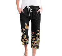 HAOLEI 3/4 Length Trousers for Women UK Petite Ethnic Print Wide Leg Cotton Linen Ladies Capri Pants Stretch Elasticated Waist Summer Cropped Trousers Going Out Yoga Beach Pants with Pockets Sale