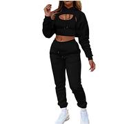HAOLEI 3 Piece Tracksuit Womens Full Set Sale Plain Long Sleeve Pullover Sweatshirt + Crop Tops + Sweat Pants Casual Sweatsuit Outfit Sets Workout Joggers Sweat Suits Activewear Gym Sets UK Clearance