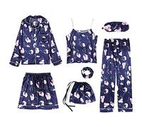HAOLEI 7 Pieces Womens Pajamas Set Silk Pyjama Satin Sleepwear Button Down Long Sleeve Shirts Cami Tops Shorts Pants Set Soft Comfort Nightwear Ladies Clearance Blue