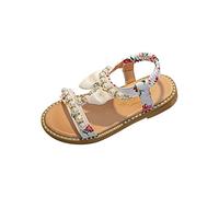 HAOLEI Baby Girls Flat Sandals with Pearl Bowknot T-Strap Open Toe Comfort Elastic Beach Sandals Summer Princess Shoes for Toddlers Kids 1-6 Years