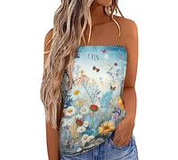 HAOLEI Bandeau Tops Women UK Elegant Strapless Tube Tops Backless Sexy Going Out Pleated Stretch Summer Tunic Shirts Vintage Print Blouse Smocked Skinny Camis Y2k Sleeveless Tank Tops Ladies