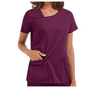 HAOLEI Beauty Tunics for Women UK with Pockets Longline Working Uniform Tops Asymmetric Neck Short Sleeve Plain T Shirt Long Length 2023 Casual Summer Shirts Ladies Blouse Top Plus Size 8-18 Purple