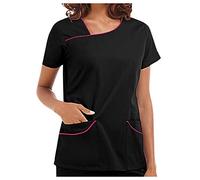 HAOLEI Beauty Tunics for Women UK with Pockets Longline Working Uniform Tops Asymmetric Neck Short Sleeve Plain T Shirt Long Length 2023 Casual Summer Shirts Ladies Blouse Top Plus Size 8-18 Black
