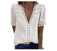 HAOLEI Blouses for Womens UK Clearance V Neck Ladies Swiss Dot Tunic Tops Lace Trim Summer Chiffon Blouses Tops Short Sleeve Casual T Shirts Size 8-16