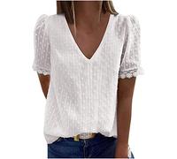 HAOLEI Blouses for Womens UK Clearance V Neck Ladies Swiss Dot Tunic Tops Lace Trim Summer Chiffon Blouses Tops Short Sleeve Casual T Shirts Size 8-16