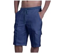HAOLEI Cargo Shorts Men UK Clearance Plain Cotton Linen Knee Length Shorts Elasticated Waist Regular Fit Summer Casual Half Pants Lightweight Outdoor Hiking Utility Work Shorts with Pockets Navy