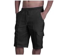 HAOLEI Cargo Shorts Men UK Clearance Plain Cotton Linen Knee Length Shorts Elasticated Waist Regular Fit Summer Casual Half Pants Lightweight Outdoor Hiking Utility Work Shorts with Pockets Black