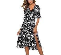 HAOLEI Chiffon Dresses for Women UK Sale Clearance,Ladies Summer Floral Dresses Ruffle Sleeve Wrap V Neck Dress Elegant Party Belted Split Midi Dress Petite Going Out Holiday Wedding Guest Dresses
