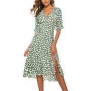 HAOLEI Chiffon Dresses for Women UK Sale Clearance,Ladies Summer Floral Dresses Ruffle Sleeve Wrap V Neck Dress Elegant Party Belted Split Midi Dress Petite Going Out Holiday Wedding Guest Dresses