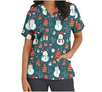 HAOLEI Christmas Scrubs for Women 2024 Medical Uniform Nurse Hospital Tops Short Sleeve V-Neck Working Beauty Healthcare Spa Salon Scrub Tops Adult Santa Workwear Xmas Scrubs Tops UK Sale Clearance