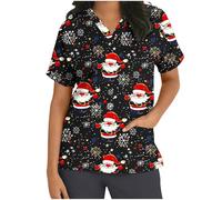 HAOLEI Christmas Scrubs for Women 2024 Medical Uniform Nurse Hospital Tops Short Sleeve V-Neck Working Beauty Healthcare Spa Salon Scrub Tops Adult Santa Workwear Xmas Scrubs Tops UK Sale Clearance