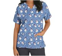 HAOLEI Christmas Scrubs for Women 2024 Medical Uniform Nurse Hospital Tops Short Sleeve V-Neck Working Beauty Healthcare Spa Salon Scrub Tops Adult Santa Workwear Xmas Scrubs Tops UK Sale Clearance