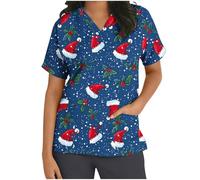 HAOLEI Christmas Scrubs for Women 2024 Medical Uniform Nurse Hospital Tops Short Sleeve V-Neck Working Beauty Healthcare Spa Salon Scrub Tops Adult Santa Workwear Xmas Scrubs Tops UK Clearance