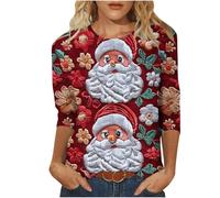 HAOLEI Christmas T Shirts Women,Funny 3D Print Xmas Tree Tops for Ladies 3/4 Sleeve Christmas Tops Loose Fit Reindeer Elf Shirt Graphic Blouse Stylish Christmas Tee Shirts UK Clearance Size 8-16