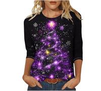 HAOLEI Christmas Tops Ladies - Women Christmas Tree Print Xmas T-Shirts Plus Size Novelty Funny 3/4 Sleeve Elf Santa Print Reindeer Graphic Blouse Ugly Tee Shirt Pullover Holiday Tops
