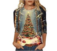 HAOLEI Christmas Tops Ladies - Women Christmas Tree Print Xmas T-Shirts Plus Size Novelty Funny 3/4 Sleeve Elf Santa Print Reindeer Graphic Blouse Ugly Tee Shirt Pullover Holiday Tops