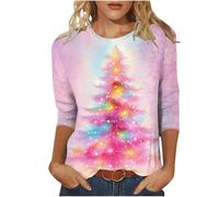 HAOLEI Christmas Tops Ladies - Women Christmas Tree Print Xmas T-Shirts Plus Size Novelty Funny 3/4 Sleeve Elf Santa Print Reindeer Graphic Blouse Ugly Tee Shirt Pullover Holiday Tops