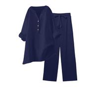 HAOLEI Co Ord Sets for Women Modest,Summer Going Out Two Piece Outfits Ladies UK Clearance,Long Sleeve V Neck Wedding Outfit,Button V Neck Top and Wide Leg Palazzo Trousers Sets Streetwear