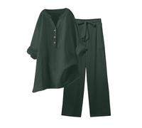 HAOLEI Co Ord Sets for Women Modest,Summer Going Out Two Piece Outfits Ladies UK Sale Clearance,Long Sleeve V Neck Wedding Outfit,Button V Neck Top and Wide Leg Palazzo Trousers Sets Streetwear
