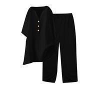 HAOLEI Coord Outfit Women UK,Two Piece Outfit Summer Short Sleeve Elegant V Neck Button Shirt and Elastic Waist Capri Trousers with Pockets Ladies 2PC Tracksuit Beach Lounge Wear Y2K Streetwear