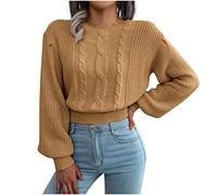 HAOLEI Cropped Jumper for Women UK Cable Knitted Batwing Sweaters Casual Crew Neck Crop Knitwear Long Sleeve Pullover Sweater Tops Plain Ribbed Jumpers Ladies Khaki