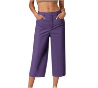HAOLEI Cropped Trousers Women Summer Wide Leg Petite Ladies Capri Pants Casual Smart Tailored Suit Trousers Straight Leg Work Office Dress Pants with Pockets UK Clearance