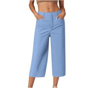 HAOLEI Cropped Trousers Women Summer Wide Leg Petite Ladies Capri Pants Casual Smart Tailored Suit Trousers Straight Leg Work Office Dress Pants with Pockets UK Sale Clearance