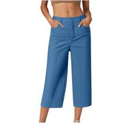 HAOLEI Cropped Trousers Women Summer Wide Leg Petite Ladies Capri Pants Casual Smart Tailored Suit Trousers Straight Leg Work Office Dress Pants with Pockets UK Sale Clearance