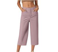 HAOLEI Cropped Trousers Women Summer Wide Leg Petite Ladies Capri Pants Casual Smart Tailored Suit Trousers Straight Leg Work Office Dress Pants with Pockets UK Sale Clearance
