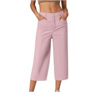 HAOLEI Cropped Trousers Women Summer Wide Leg Petite Ladies Capri Pants Casual Smart Tailored Suit Trousers Straight Leg Work Office Dress Pants with Pockets UK Sale Clearance