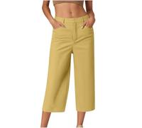 HAOLEI Cropped Trousers Women Summer Wide Leg Petite Ladies Capri Pants Casual Smart Tailored Suit Trousers Straight Leg Work Office Dress Pants with Pockets UK Clearance