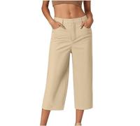 HAOLEI Cropped Trousers Women Summer Wide Leg Petite Ladies Capri Pants Casual Smart Tailored Suit Trousers Straight Leg Work Office Dress Pants with Pockets UK Clearance